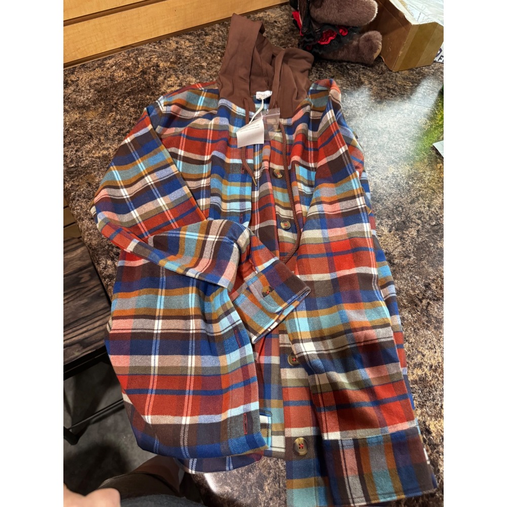 Grace & Lace Womens Plaid Hooded Flannel Shirt Blue Orange Brown Small NWT